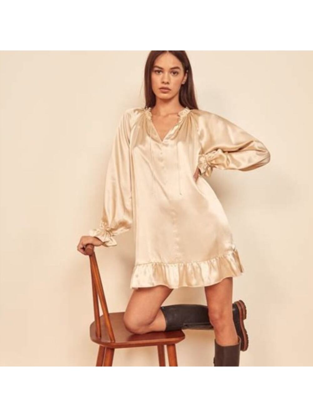 NWT Reformation Lyra Almond Cream Silk Long Sleeve Dress Size XL